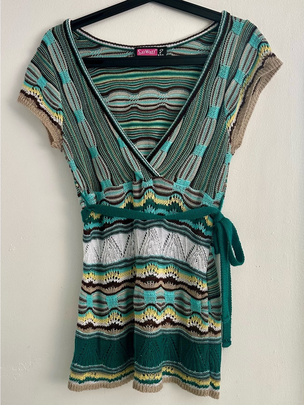 Teal and White Striped Knit Wrap Top